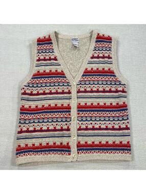 VTG Koret Knit Sweater Vest USA RWB red white blue beige knit texture button